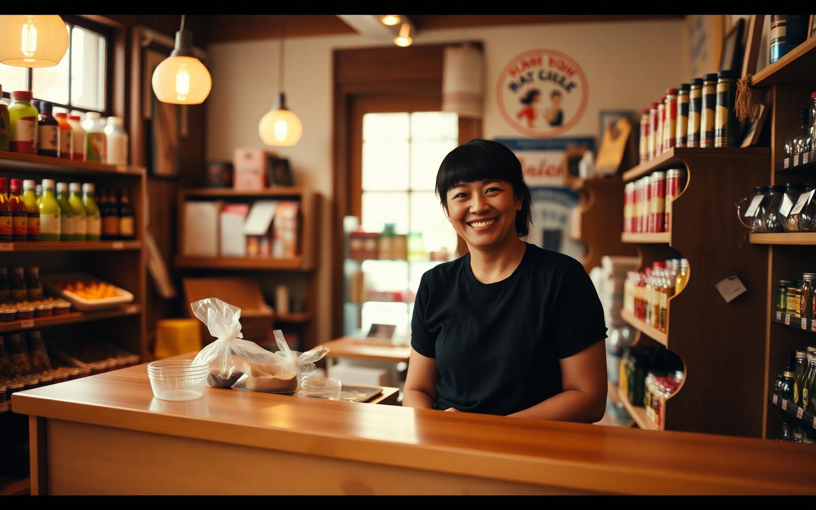 Independent shop owner behind a wooden counter