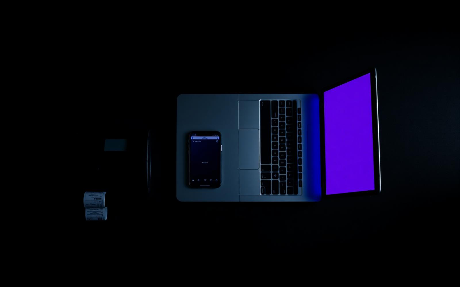 Laptop, phone, receipt printer and barcode scanner ready to set up MerchantWave
