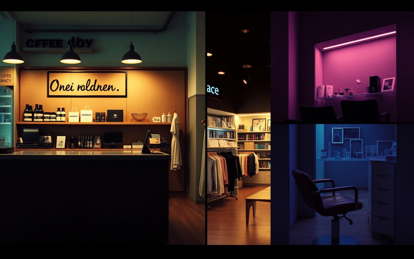 Collage of coffee shop, boutique, pharmacy and salon interiors